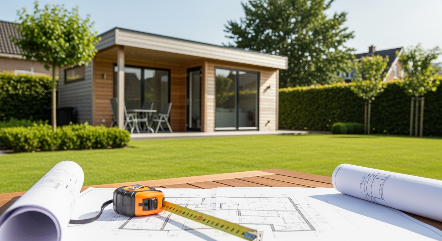 Professional architectural photo showing a modern wooden garden house in a well-maintained backyard, measuring tape and construction plans visible on a table in foreground, bright daylight, shot with DSLR camera, high resolution, realistic style