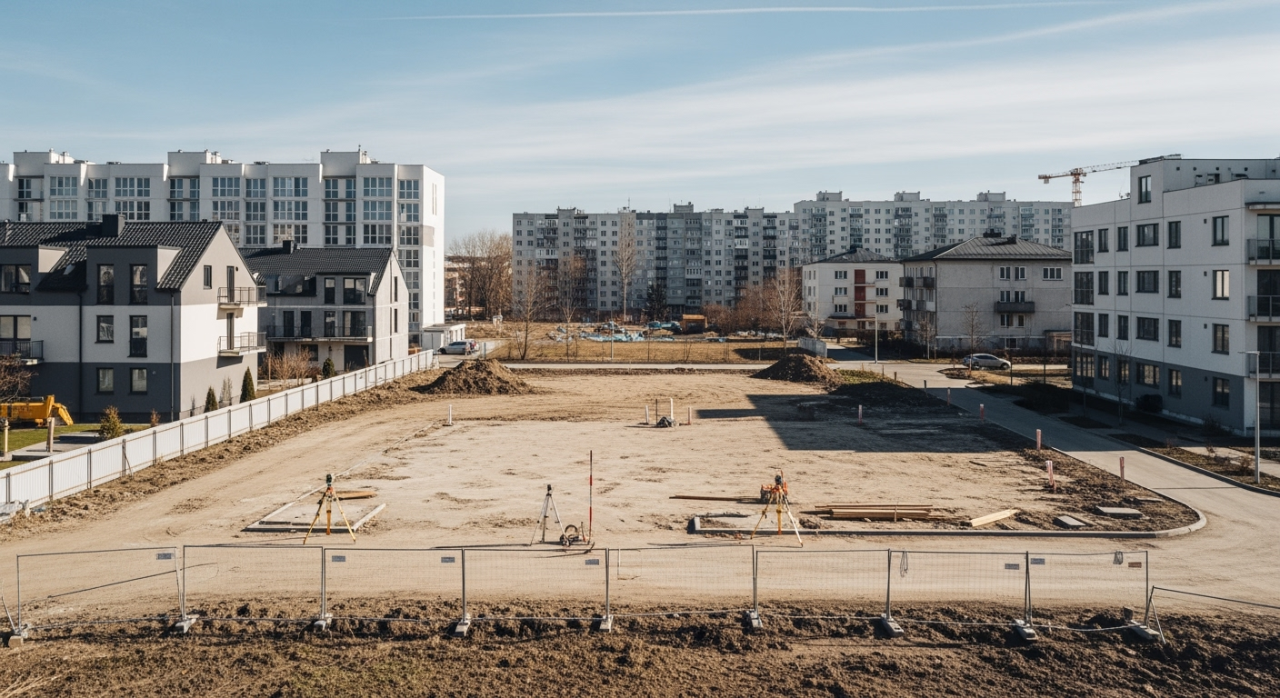 Professional aerial photo of empty urban building plot prepared for multi-family house construction, surveying equipment visible, neighboring residential buildings in background, clear blue sky, natural daylight, shot with professional drone camera, high resolution, realistic architectural photography