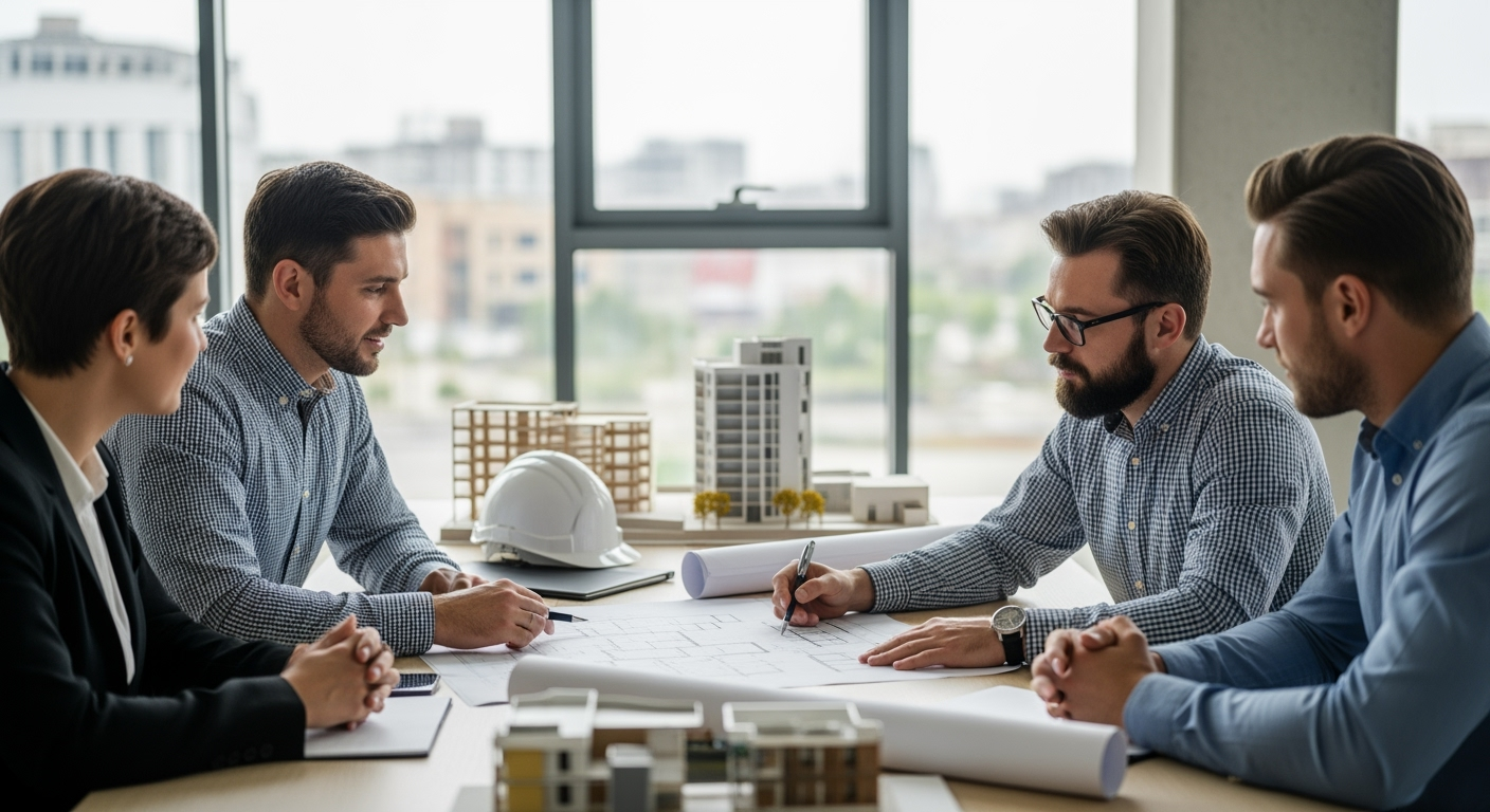 Professional construction company office meeting, architect and construction manager reviewing building blueprints with clients, modern office setting with architectural models visible, natural window light, shot with DSLR camera, high resolution, professional business photography