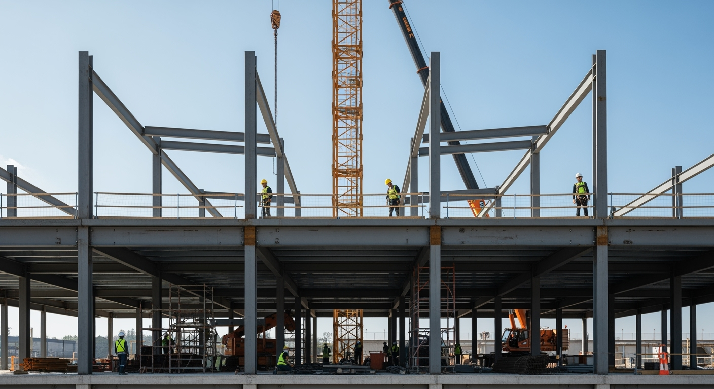 Professional construction site photo showing the steel frame skeleton structure of a modern building under construction, workers in safety helmets and vests, crane in operation, clear blue sky, bright daylight, shot with professional DSLR camera, high resolution, architectural photography style