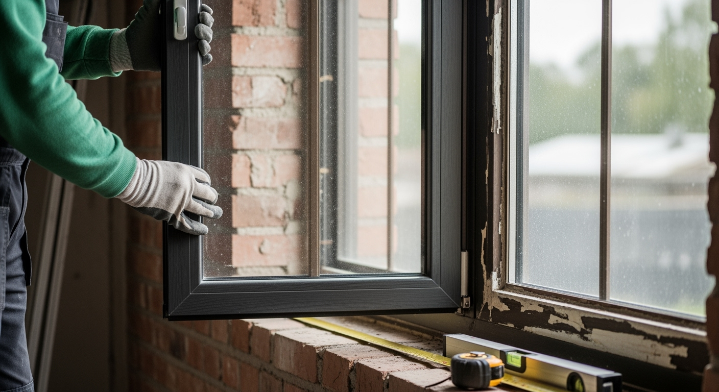 Professional interior photo of a modern home showing old windows being replaced with new triple-glazed windows, construction worker installing frame, measuring tools visible, bright daylight streaming through, shot with DSLR camera, high resolution, realistic lighting