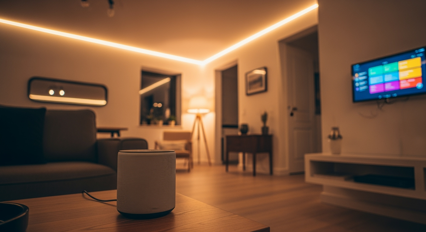 Modern living room interior with smart home devices, smart speaker on coffee table, intelligent lighting system with LED strips, wall-mounted tablet showing home automation interface, contemporary furniture, warm ambient lighting, professional interior photography, DSLR camera, high resolution, realistic details
