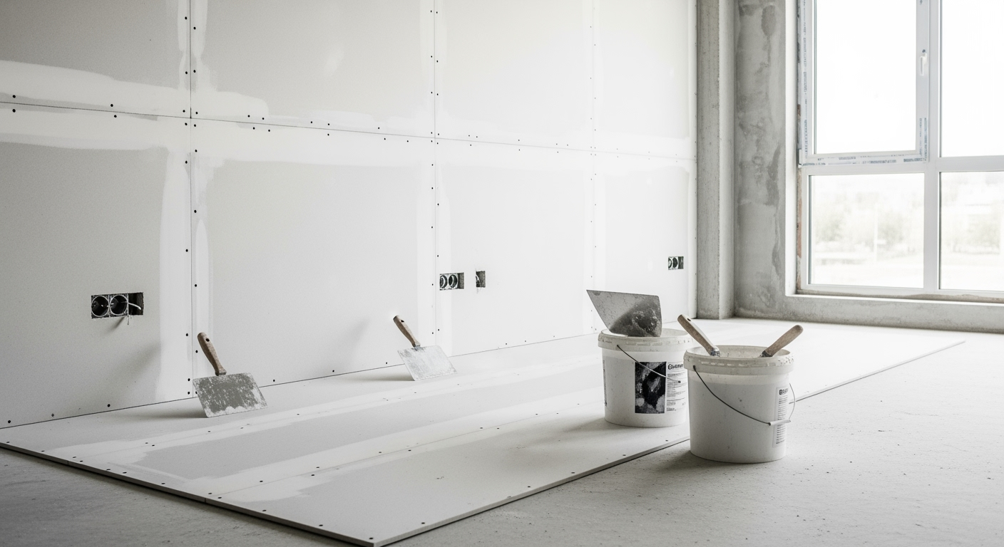 Professional interior construction photo showing freshly installed drywall panels in a room, visible joints and screw holes, construction tools on floor including spatulas and buckets, bright natural window light, shot with DSLR camera, high resolution, realistic construction site atmosphere