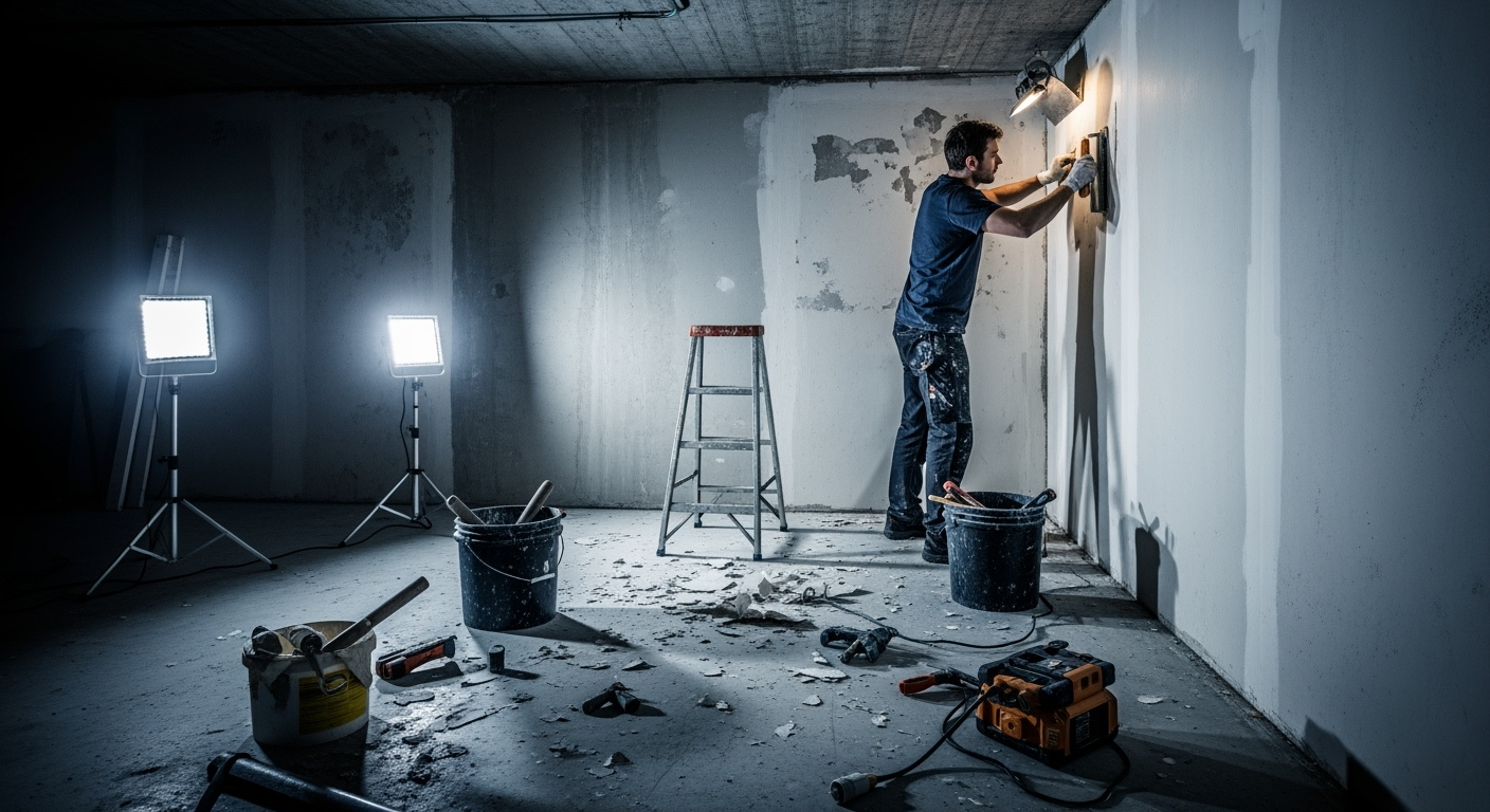 Professional interior basement wall preparation, homeowner removing old plaster and paint from concrete wall, working lights illuminating damp basement space, tools and buckets visible, realistic construction photography, high-resolution DSLR shot, natural color grading
