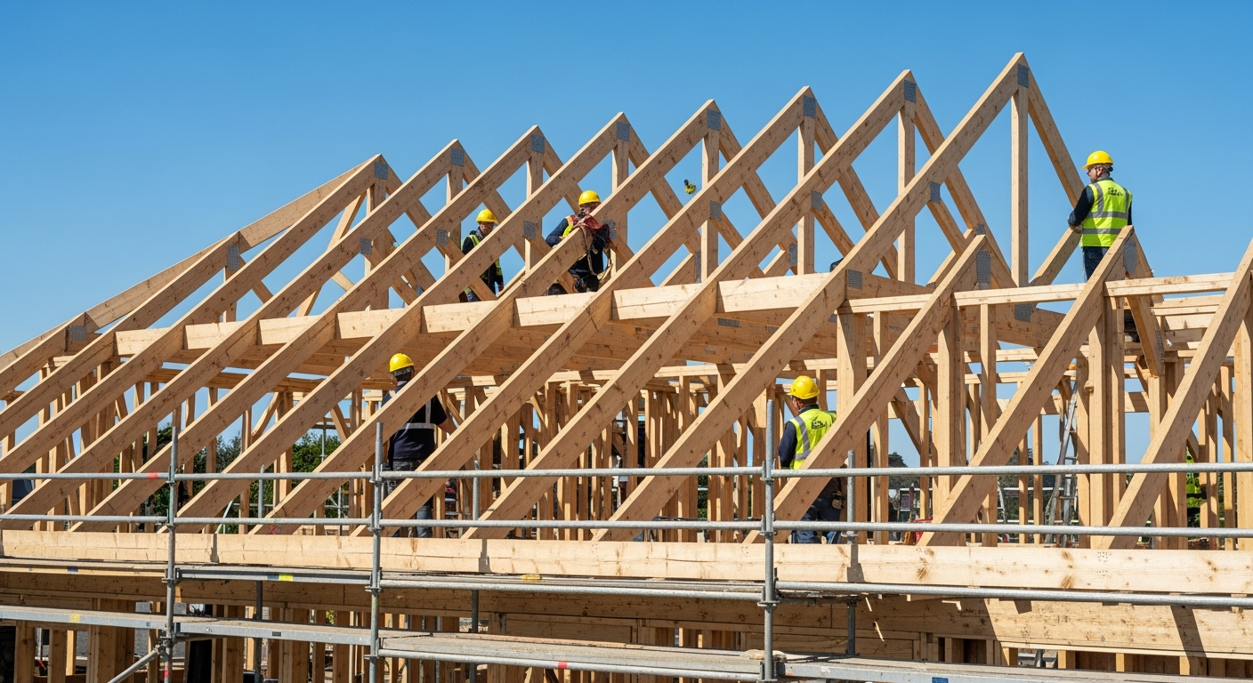 Professional construction photo of a new wooden roof truss structure being built on a residential house, showing detailed carpentry work with rafters and beams, construction workers in safety gear, bright daylight, shot with DSLR camera, high resolution, architectural detail visible