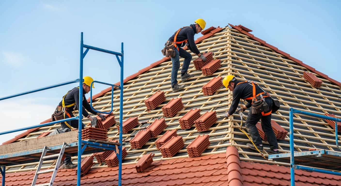Professional roofing construction site photo showing roofers installing red clay tiles on a residential house roof, safety equipment visible, blue sky background, construction scaffolding, shot with professional DSLR camera, natural daylight, high resolution, realistic detail