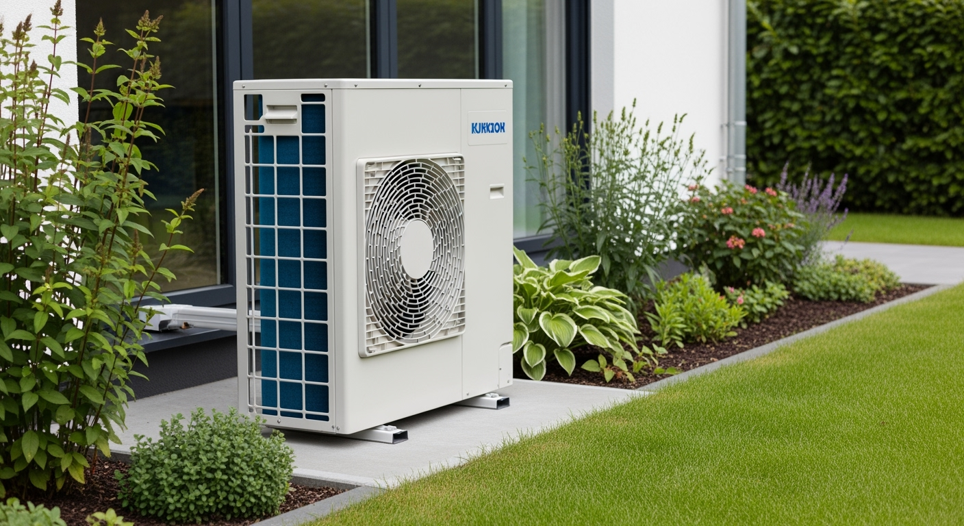 Professional photo of a modern air source heat pump unit installed outside a contemporary residential home, white metal housing with visible fan grille, mounted on concrete pad, garden setting with green plants, natural daylight, shot with DSLR camera, high resolution, realistic detail