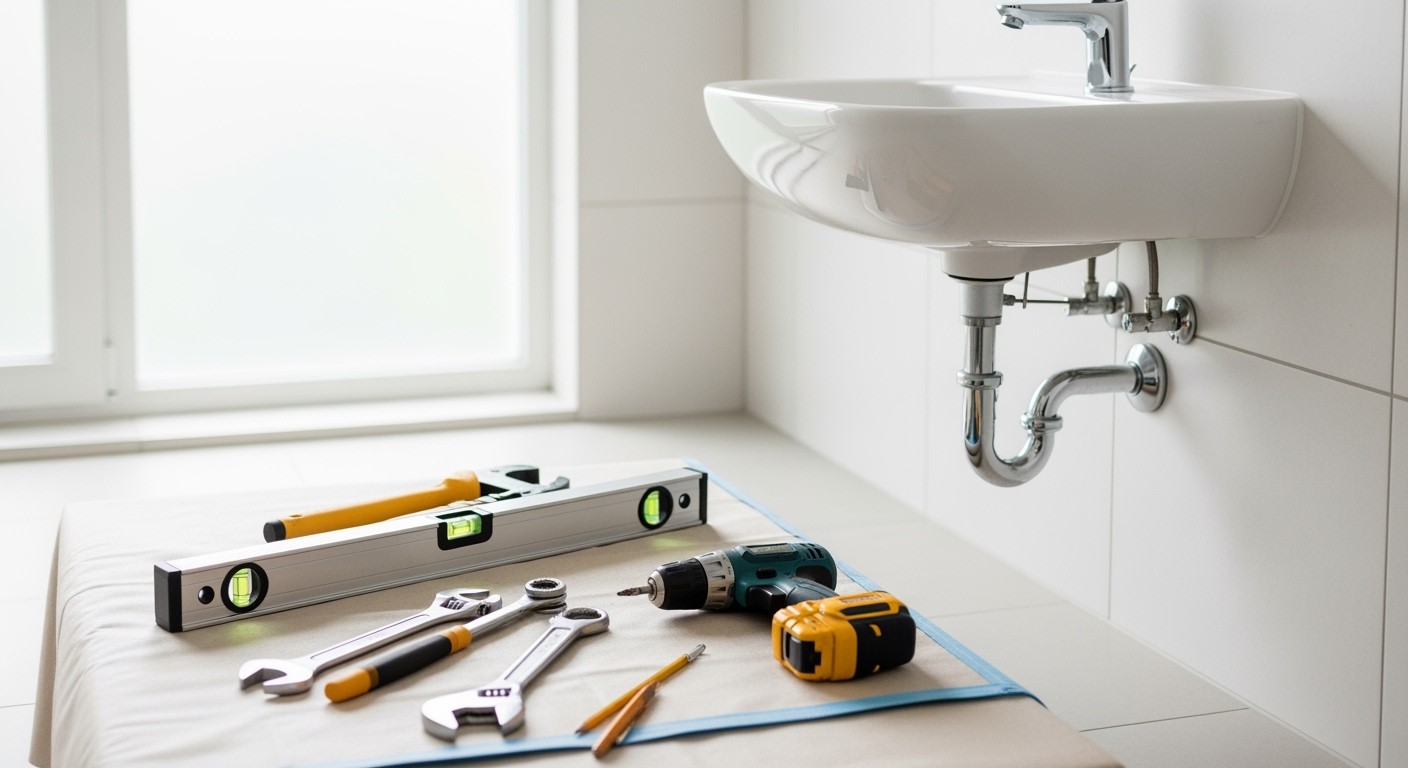 Professional bathroom renovation photo showing a white ceramic wall-mounted sink being installed, tools laid out on protective cloth including spirit level, wrench set, drill, measuring tape, natural daylight from window, shot with DSLR camera, high resolution, realistic DIY home improvement scene