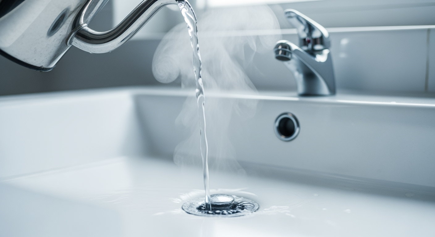 Professional close-up photograph of boiling water being poured from a stainless steel kettle into a bathroom sink drain, steam rising, bright bathroom lighting, shot with DSLR camera, macro perspective, high resolution, realistic domestic setting