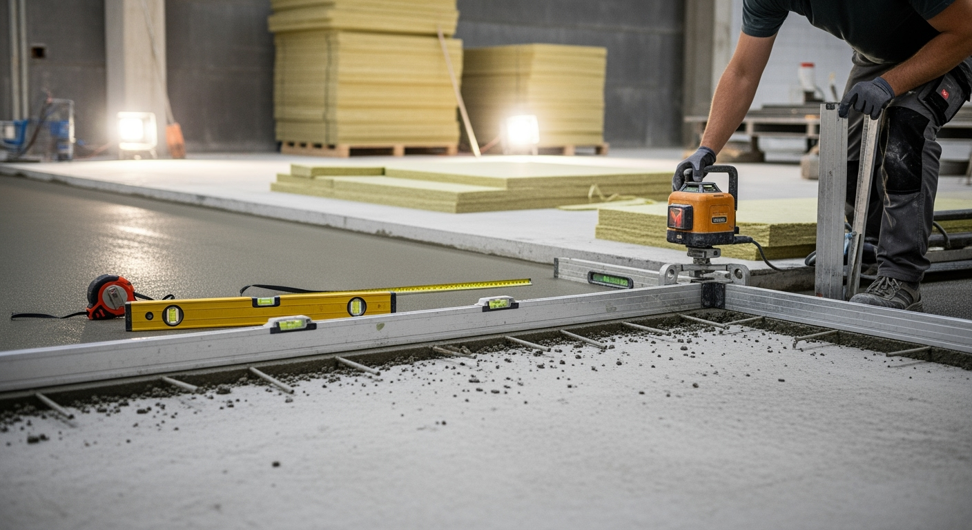 Professional construction site photo showing concrete floor preparation for screed installation, worker using leveling tools and laser level, construction materials and insulation boards stacked in background, bright indoor lighting, shot with DSLR camera, high resolution, realistic detail