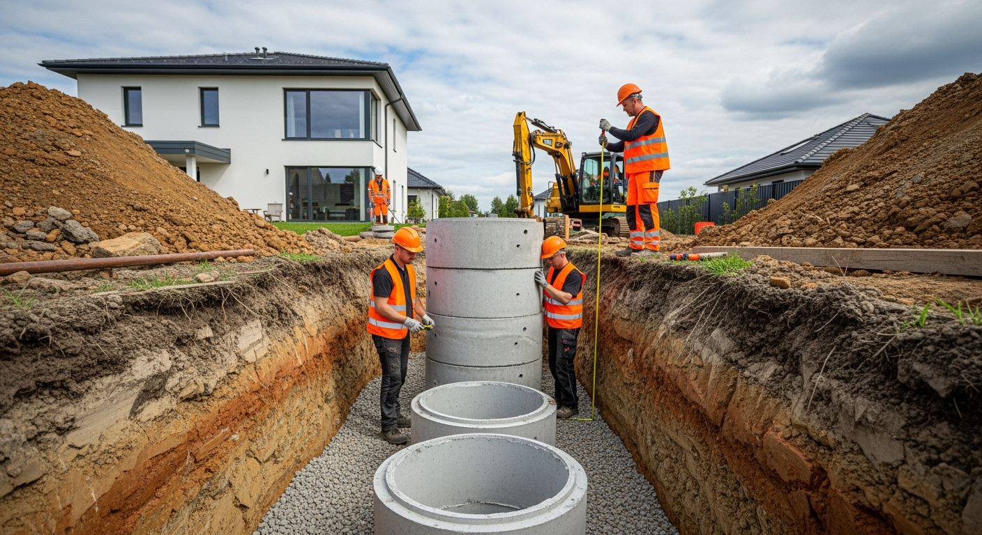 Professional outdoor photograph of a rainwater infiltration system construction site in a residential garden, excavated pit with concrete infiltration shaft visible, construction workers in safety gear measuring distances, natural daylight, DSLR camera, high resolution, documentary photography style