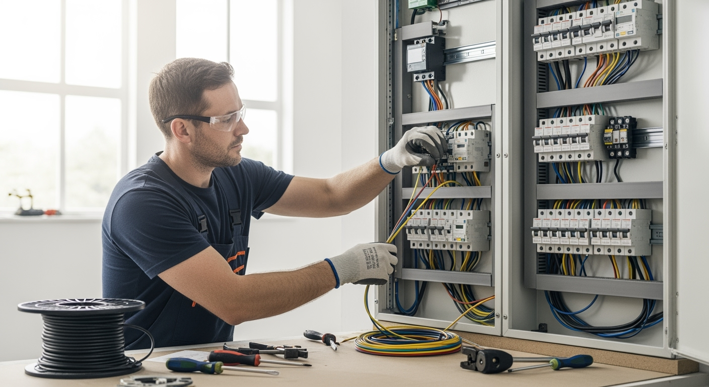 Professional electrician working on a modern electrical distribution board in a residential house, installing new circuit breakers and wiring, bright workshop lighting, safety equipment visible, high-resolution DSLR photography, realistic details, professional quality
