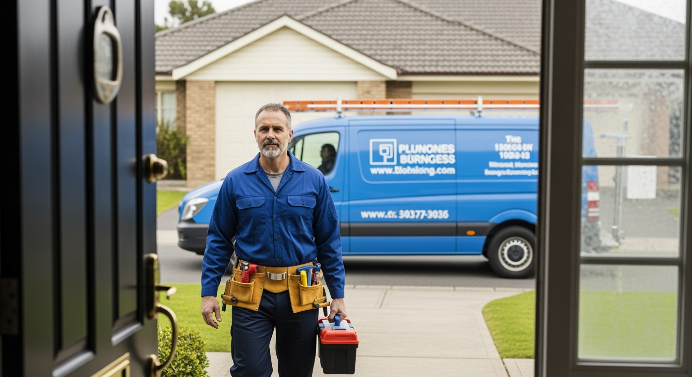 Professional emergency plumber in blue uniform with tool belt arriving at residential home, company van with logo visible in background, serious and trustworthy appearance, natural daylight, shot with DSLR camera, high resolution, realistic photo