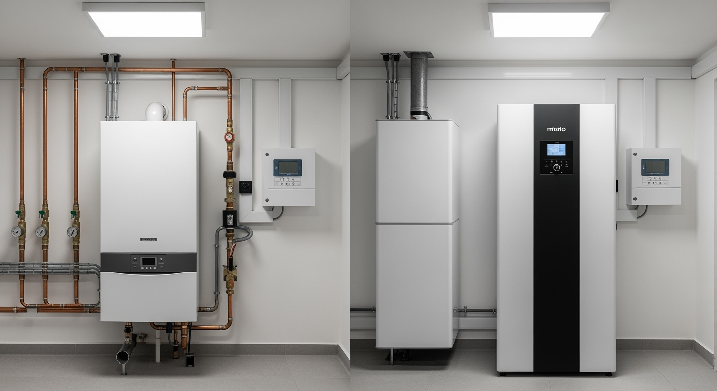 Professional comparison photo showing modern gas boiler on left side and heat pump unit on right side in a clean technical room, both systems with visible piping and controls, bright LED lighting, shot with professional DSLR camera, high resolution, detailed technical photography