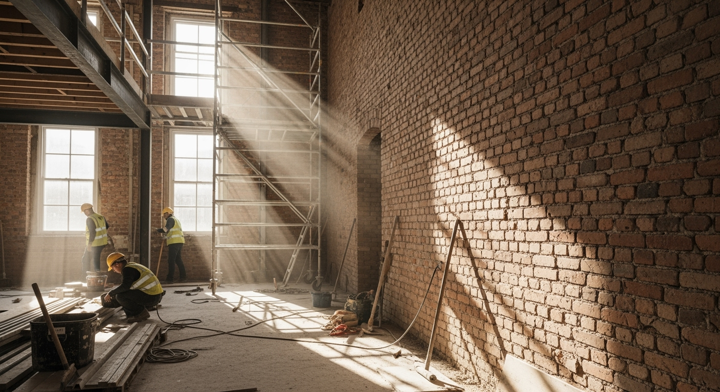 Professional renovation photo of an old building interior under construction, exposed brick walls, scaffolding, construction materials, workers in safety helmets, natural daylight through large windows, shot with professional DSLR camera, high resolution, realistic detail