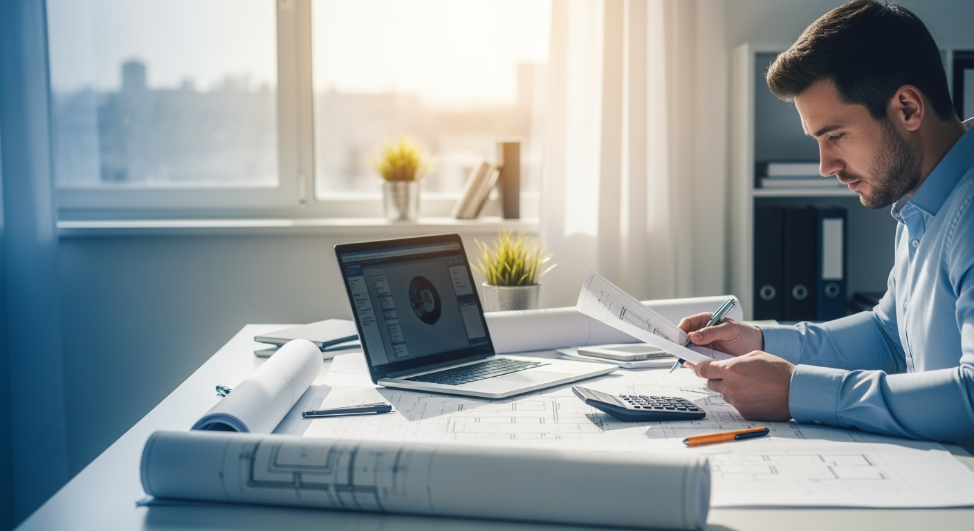 Professional structural engineer working at desk with construction blueprints and laptop, calculator and technical drawings visible, modern office setting with natural window light, shot with DSLR camera, high resolution, realistic business photography