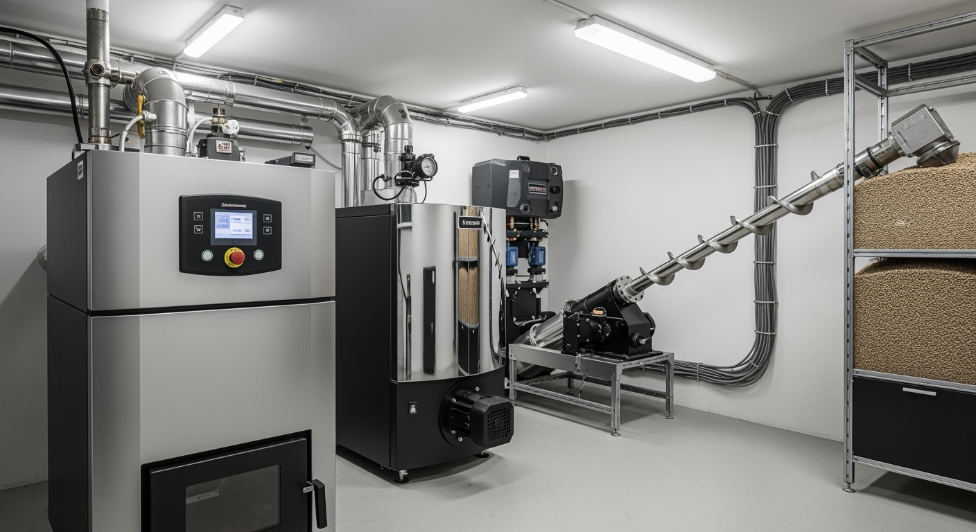 Professional technical photograph of a modern pellet heating system in a clean basement, showing the pellet boiler with control panel, automatic feeding system with auger conveyor, and pellet storage area, bright LED lighting, industrial photography style, shot with professional DSLR camera, high resolution, detailed view