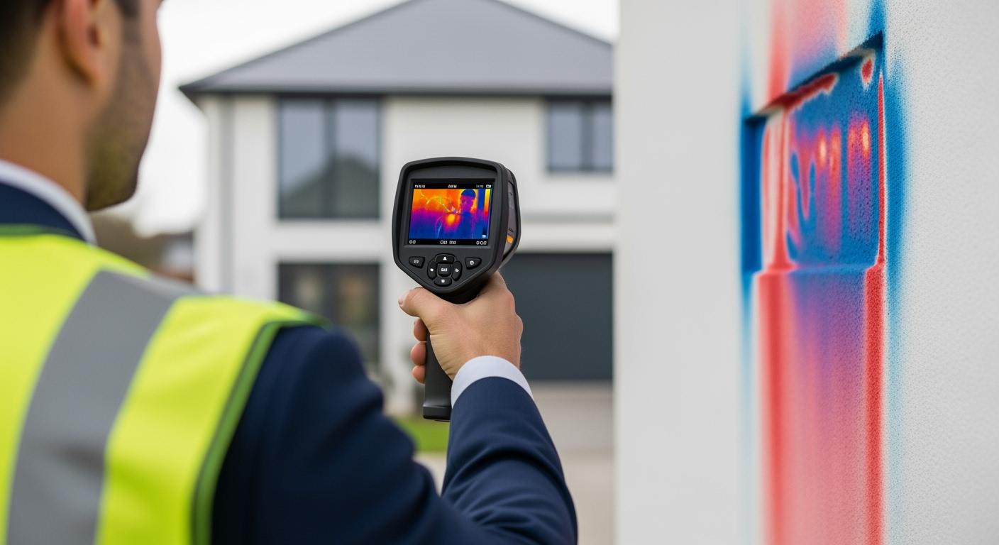 Professional energy consultant conducting thermal imaging inspection of residential building exterior wall, holding infrared camera showing heat loss in red and blue colors, modern detached house in background, natural daylight, technical photography style, shot with professional DSLR camera, high resolution, realistic business photography