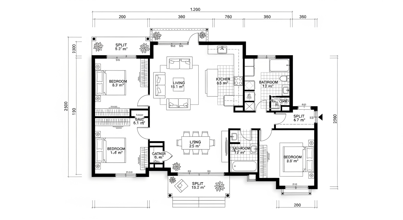 Professional architectural floor plan of a modern bungalow, single-story house layout with open living area, three bedrooms, two bathrooms, flat lay view, technical drawing style, clean lines, measured dimensions, bright white background, shot with high-resolution camera, architectural visualization quality