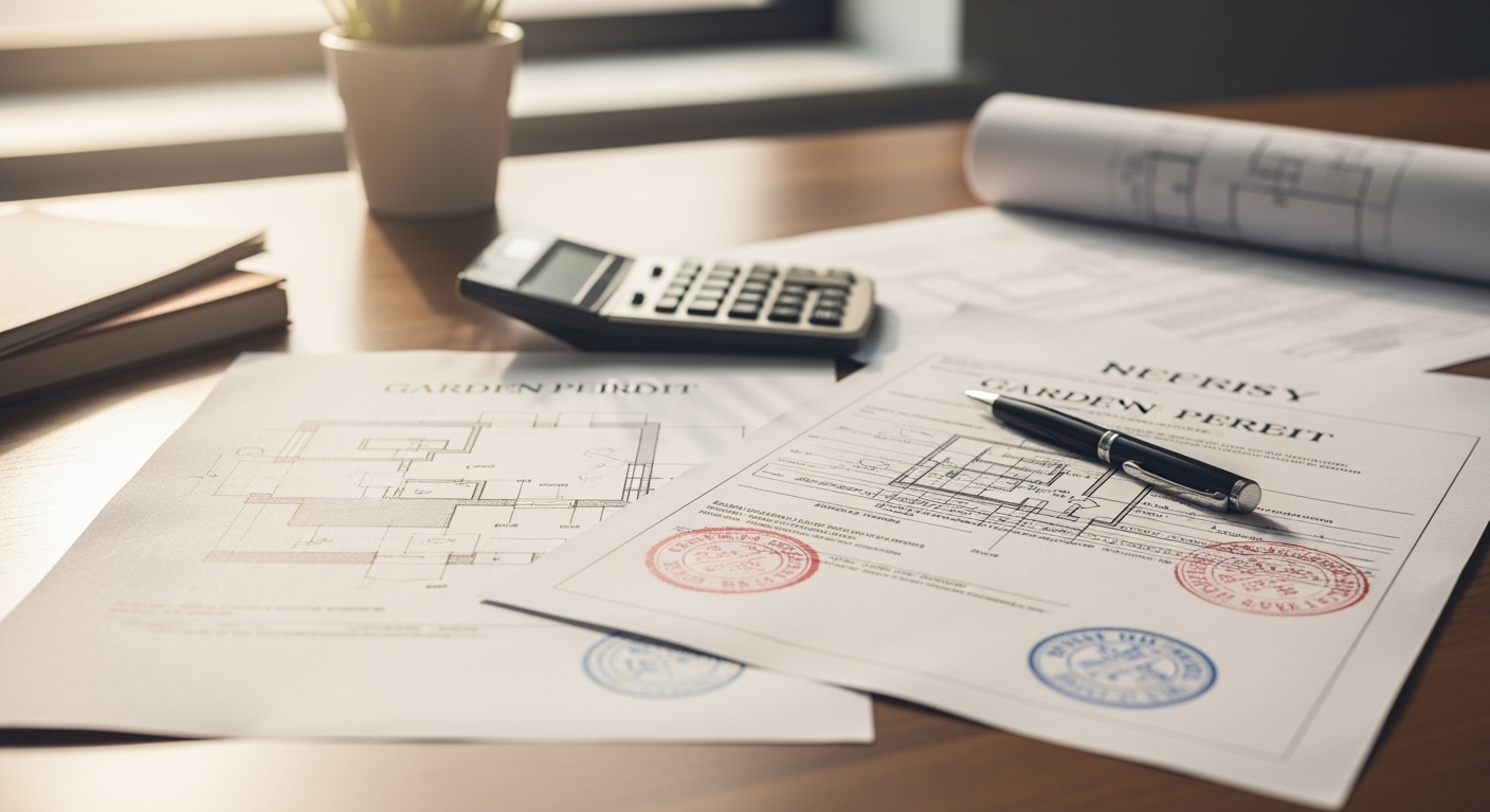 Professional office photo showing architectural blueprints and building permit documents for a garden house on a desk, official stamps visible, calculator and pen beside documents, natural office lighting, shot with professional camera, high resolution, realistic style