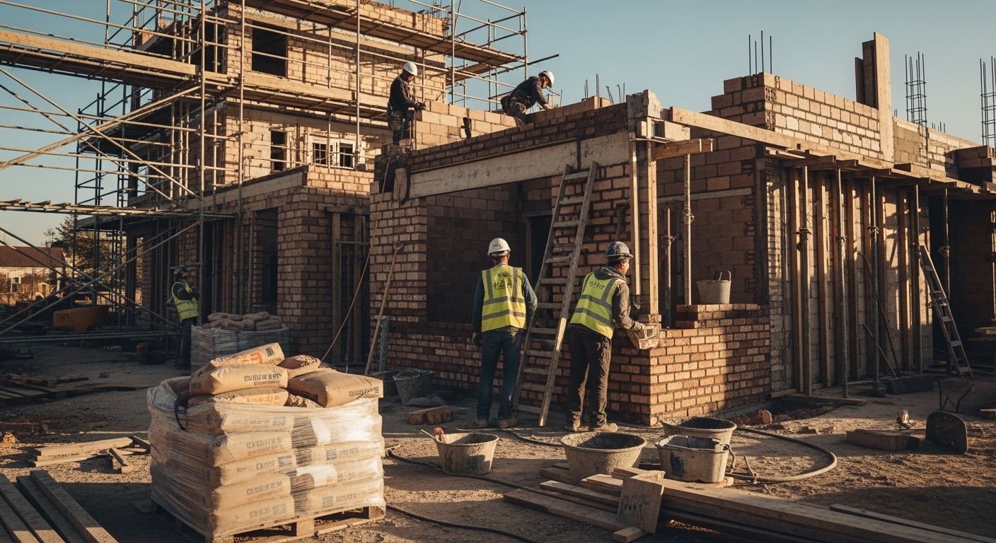 Active construction site of modern family house, construction workers laying bricks, scaffolding visible, construction materials and tools in foreground, golden hour lighting, professional construction photography, DSLR quality, high resolution