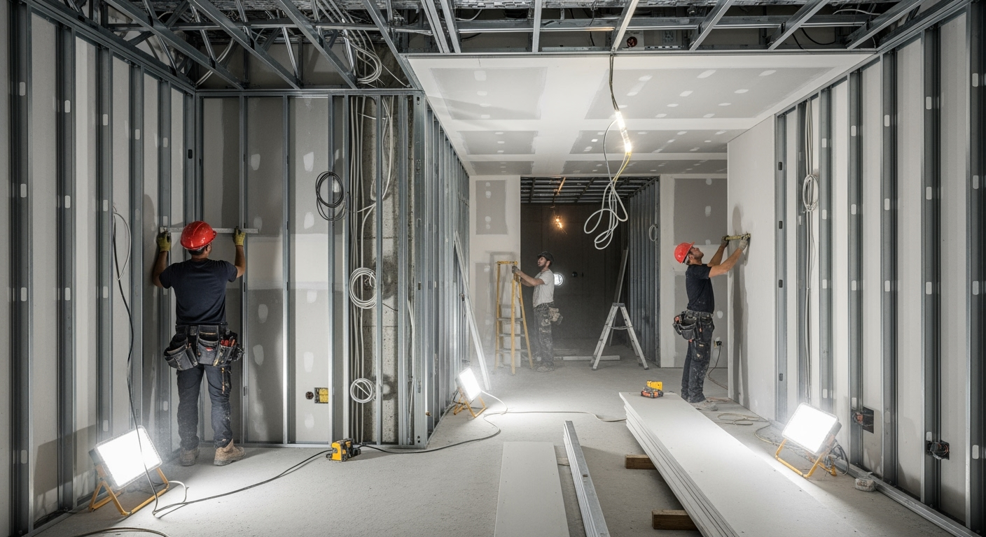 Modern residential house interior during construction phase, showing drywall installation and electrical wiring, professional workers measuring and installing, construction lights illuminating the space, wide-angle architectural photography, high-resolution DSLR shot, professional quality