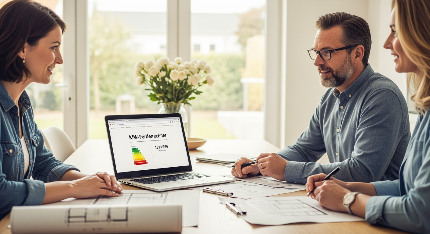 Professional photograph of energy consultant reviewing window replacement plans with homeowner at kitchen table, laptop showing KfW funding calculator, modern house interior, natural daylight, shot with professional camera, high resolution, realistic business setting