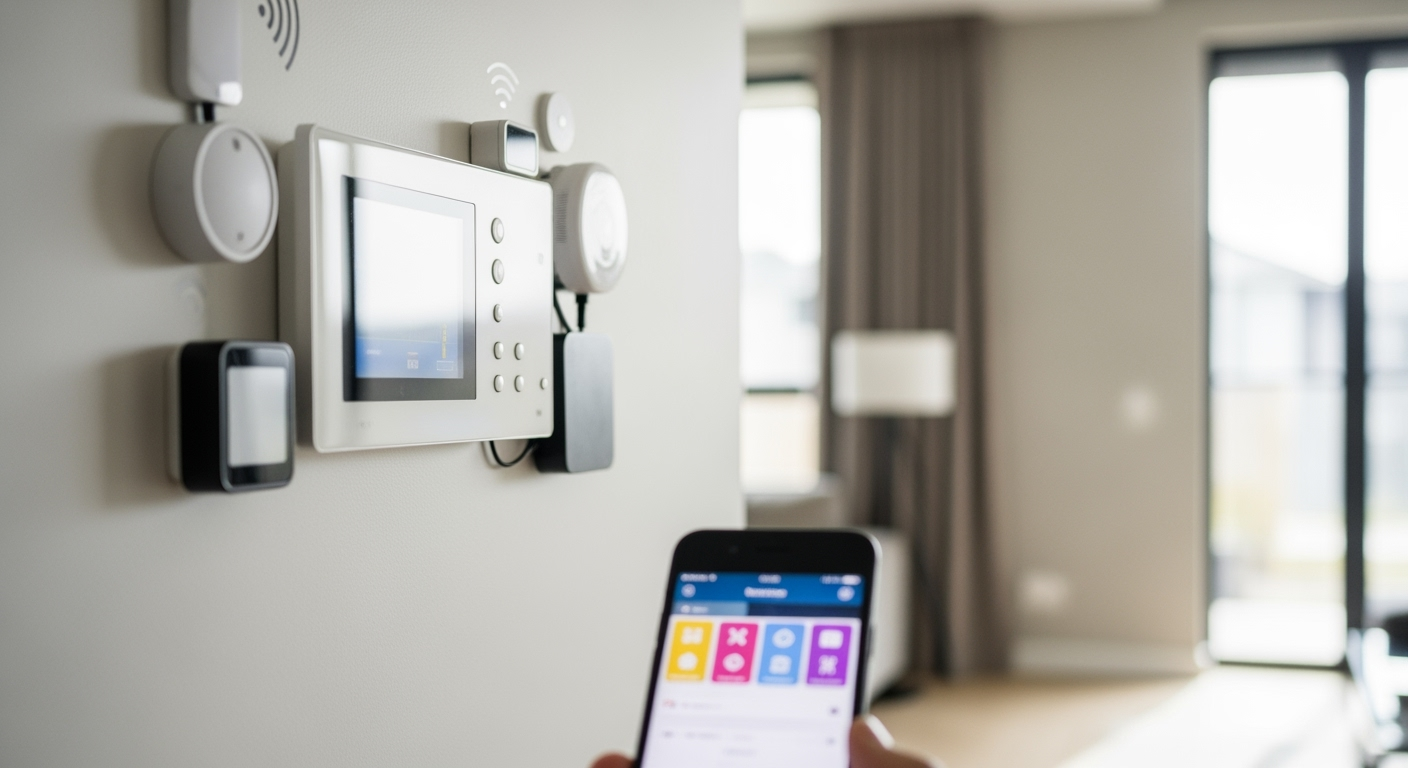 Professional home automation setup photo, smart home control panel mounted on wall, various connected sensors and devices visible, smartphone showing control app, modern home interior, natural daylight from window, technical photography style, DSLR camera, sharp focus, high resolution