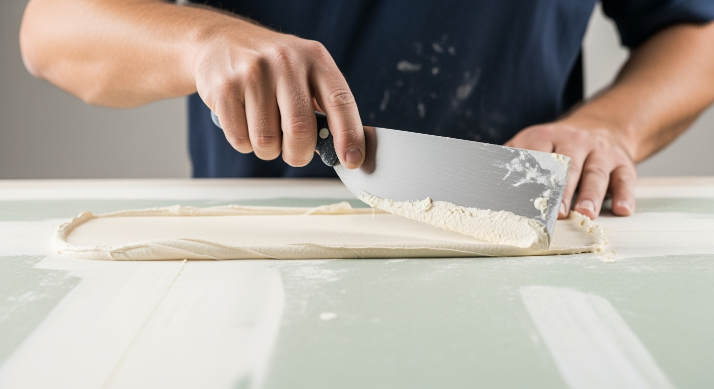 Close-up professional photo of hands using a wide spatula applying joint compound on drywall seam, white joint tape visible, smooth spreading motion captured, professional construction worker, bright workshop lighting, shot with macro lens DSLR camera, high resolution, sharp focus on spatula edge