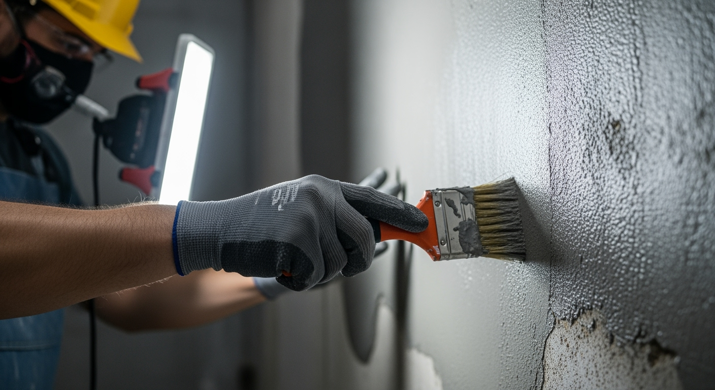 Close-up photo of hands applying waterproofing slurry to basement wall with brush, gray cement-based coating visible on concrete surface, professional work gloves, bright LED work light, realistic DIY photography, high-resolution detailed shot