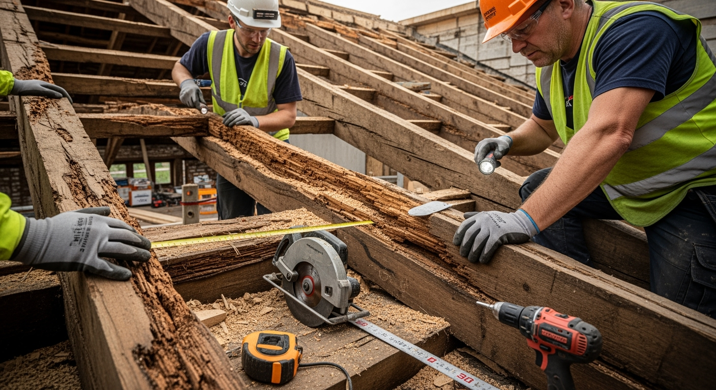 Detailed photo of roof renovation work showing old wooden beams being replaced, visible damage from wood pests, construction workers inspecting the structure, professional repair tools visible, natural daylight from open roof, DSLR photography, high resolution, documentary style