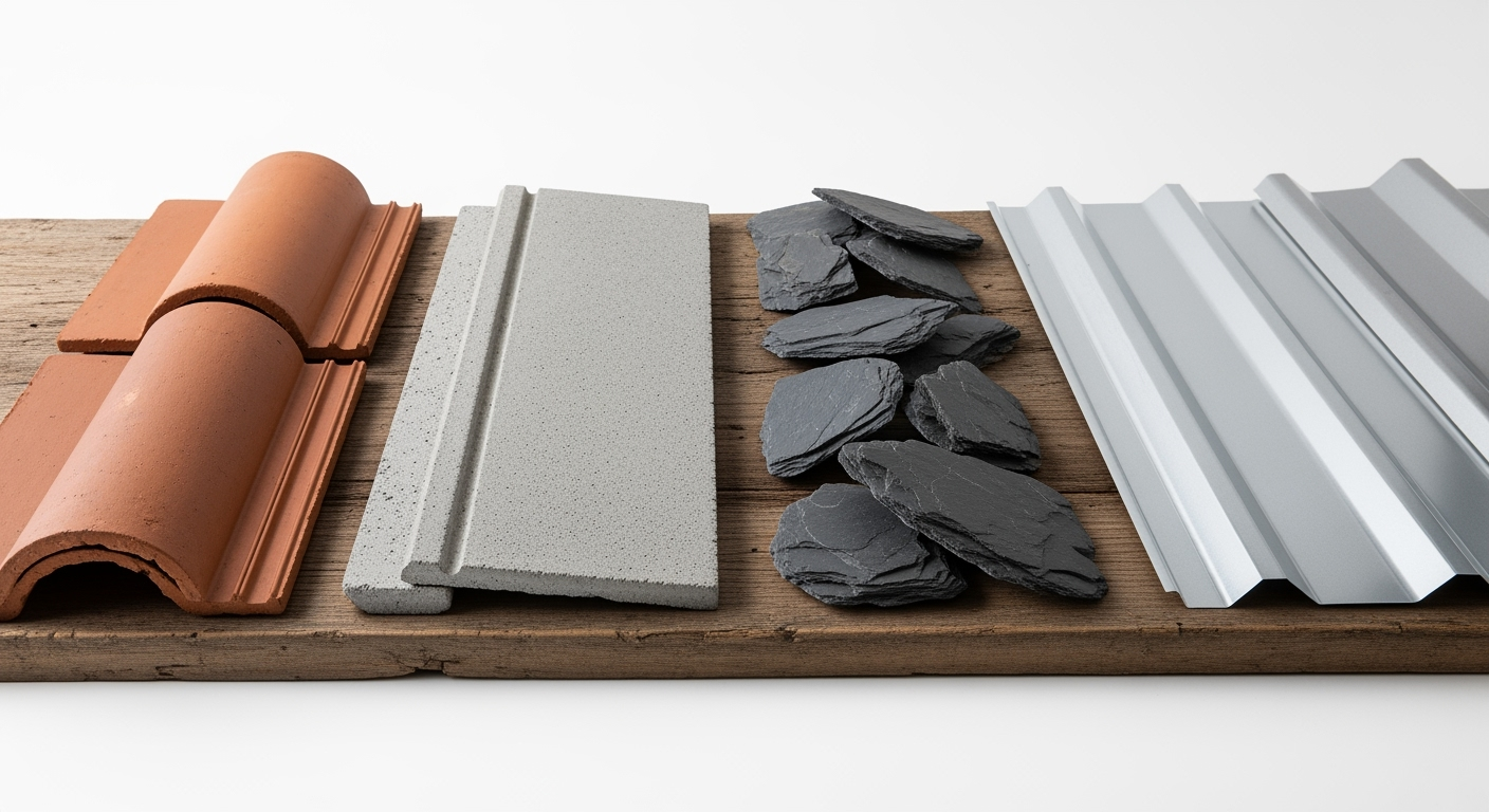 Close-up professional photo of different roofing materials displayed side by side, including red clay tiles, concrete tiles, natural slate, and metal roofing sheets, arranged on wooden surface, professional product photography, studio lighting, high resolution, detailed texture visible