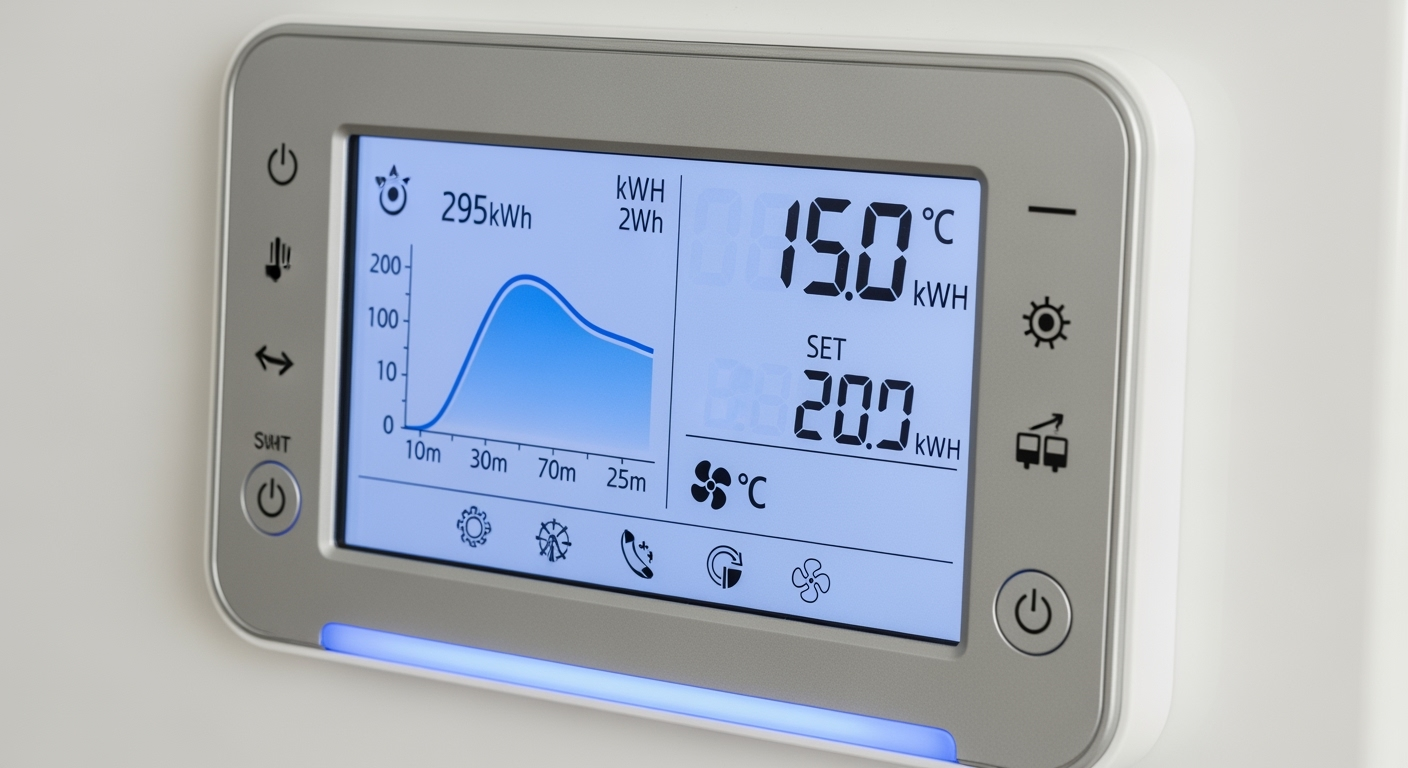 Close-up professional photo of a digital heat pump control panel display showing energy consumption data and temperature settings, modern interface with touchscreen, well-lit indoor setting, photographed with macro lens, high resolution, sharp details