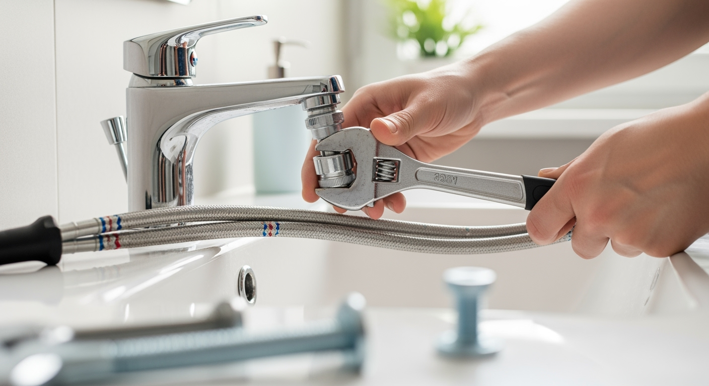 Close-up professional photo of hands installing chrome bathroom faucet on white ceramic sink, flexible water supply hoses visible, adjustment wrench in hand, clean bathroom environment, natural lighting, shot with macro lens, DSLR camera, high resolution, detailed DIY plumbing work