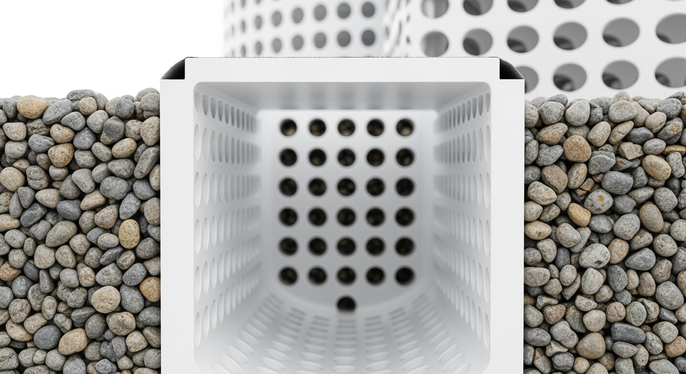 Detailed technical close-up photograph of modern plastic infiltration shaft components with visible perforation patterns, gravel filter layer surrounding the shaft, cross-section view, professional product photography, bright studio lighting, macro lens, high detail, instructional style