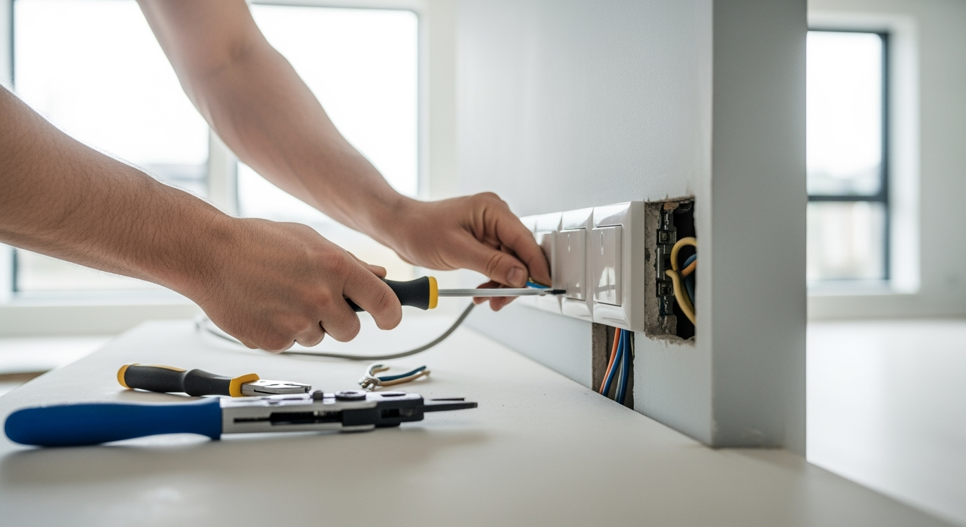 Close-up of hands installing modern electrical outlets and switches in a renovated living room, tools and materials visible, bright daylight from window, professional construction photography, high-resolution, sharp focus on details