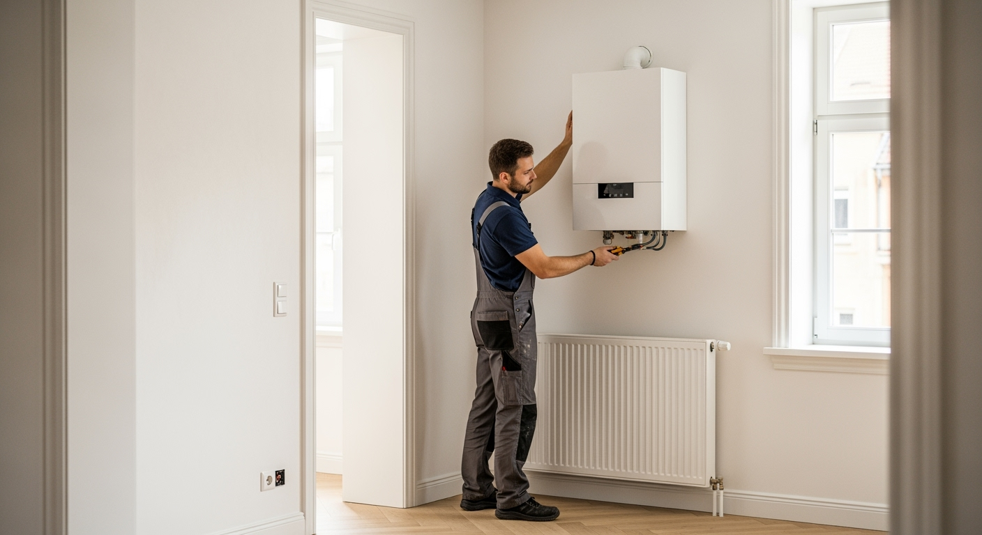 Modern energy-efficient heating system installation in renovated old building, professional heating technician working on wall-mounted heat pump, clean white walls, modern interior, professional lighting, DSLR photography, high resolution, detailed shot