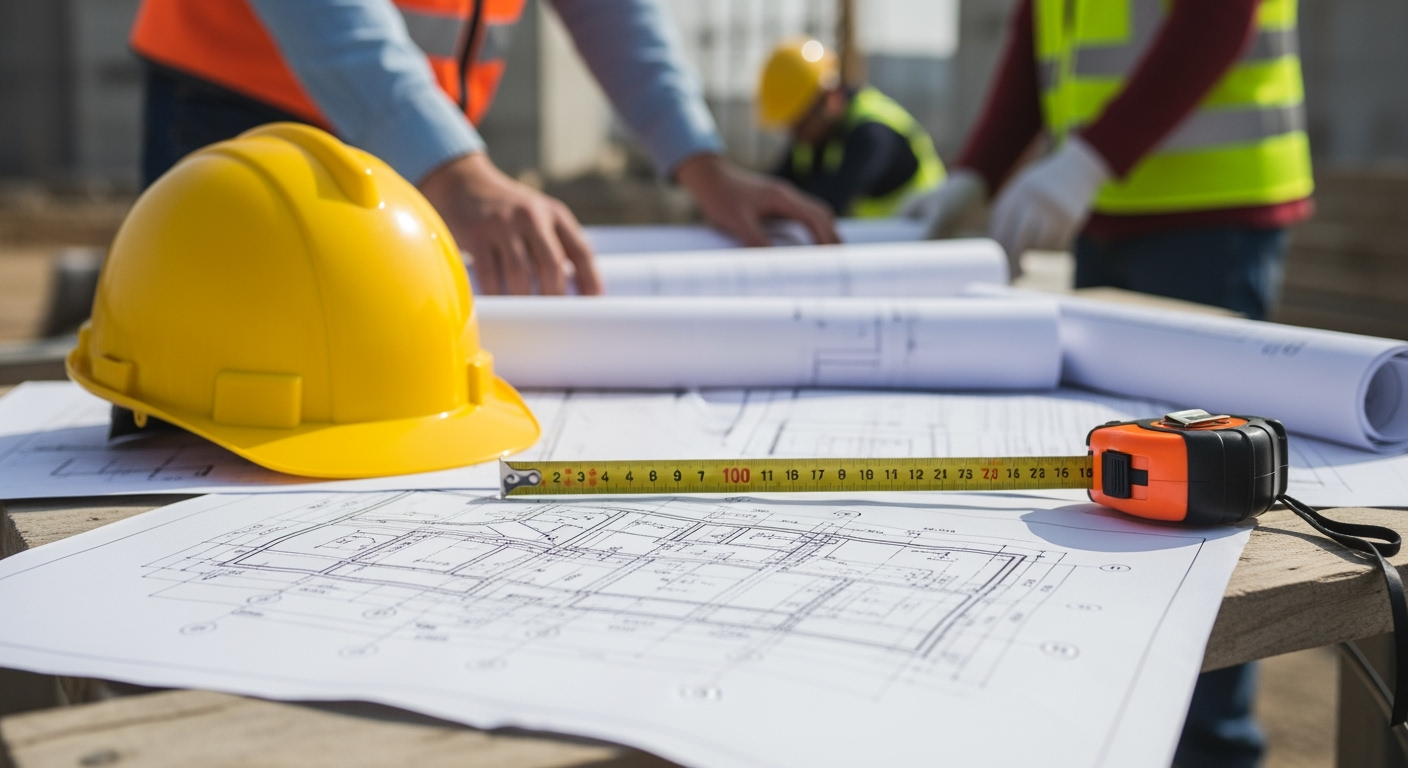 Close-up of structural engineering documents and blueprints on construction site, hard hat and measuring tools visible, construction workers in blurred background, natural daylight, professional DSLR photography, high detail, realistic