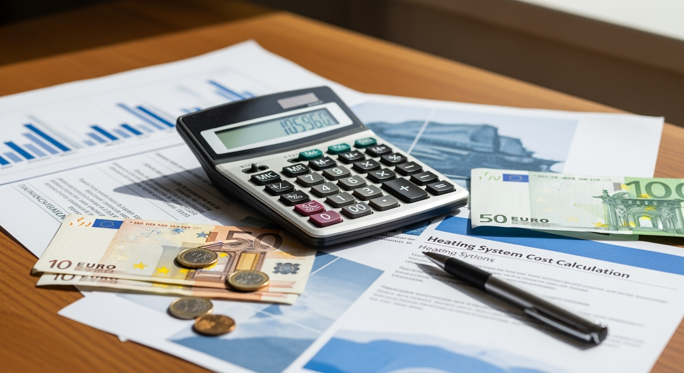 Professional financial planning photograph showing calculator, cost documents, and heating system brochures on a wooden desk, Euro banknotes visible, natural daylight from window, business photography style, shot with DSLR camera, sharp focus on documents, high resolution