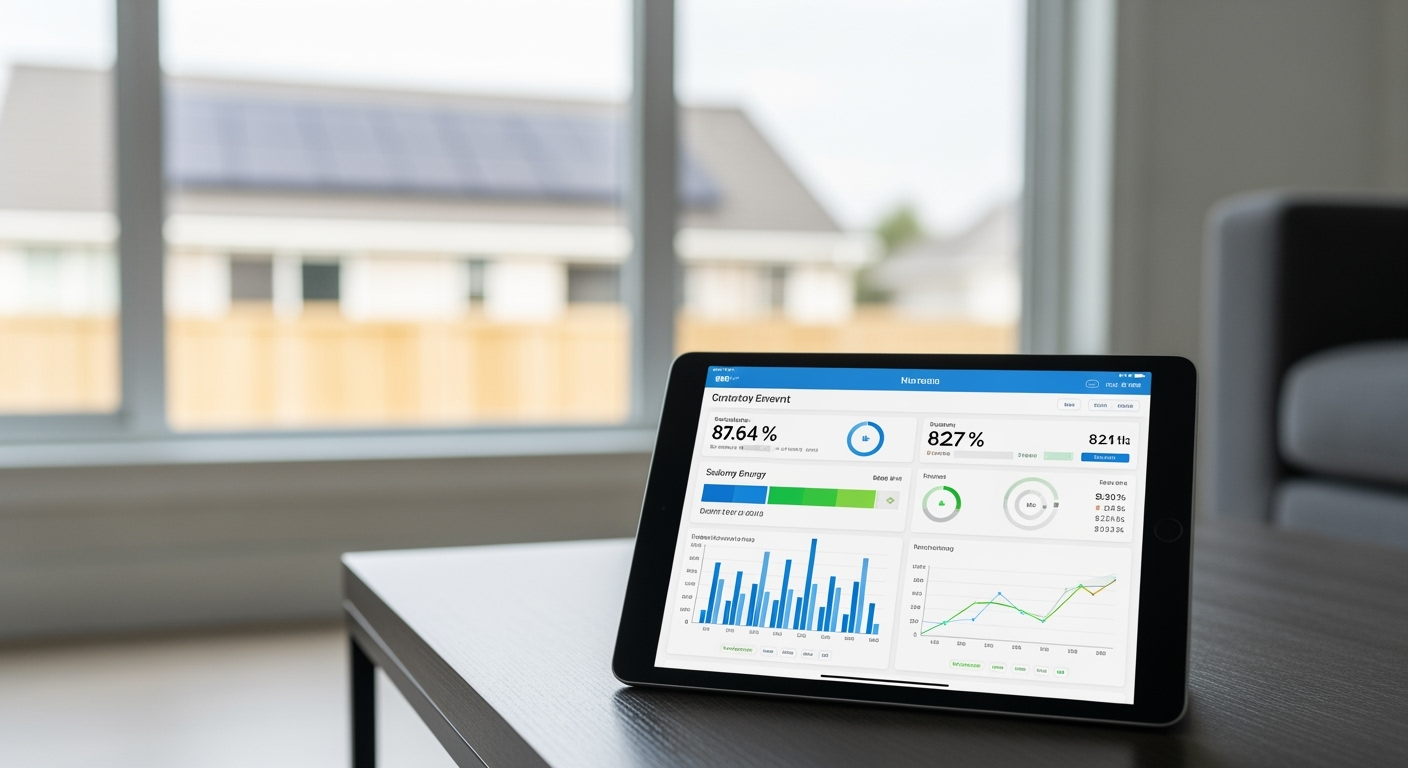 Professional infographic-style photograph showing a modern smart home energy management display on tablet screen with solar panels visible through window in background, residential living room setting, natural daylight, high-quality DSLR photography, sharp focus, realistic colors