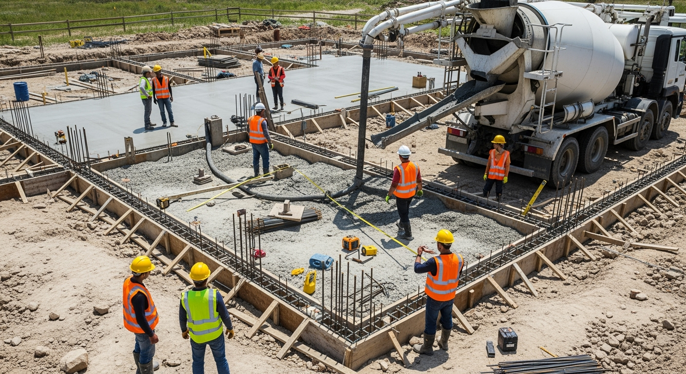 Professional overhead construction site photo showing the foundation slab of a bungalow house being prepared, construction workers in safety vests, concrete mixer truck, measuring equipment, aerial perspective, bright natural lighting, construction photography, DSLR quality, high resolution, realistic details