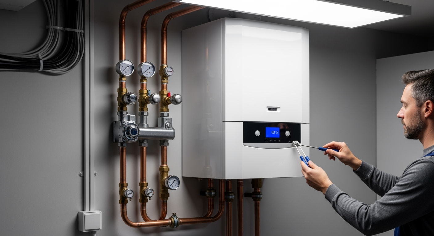 Modern residential heating system installation showing wall-mounted condensing boiler with digital display, copper pipes, thermostats and pressure gauges, professional heating engineer adjusting settings with tools, clean basement utility room, bright LED lighting, technical installation photography, shot with professional camera, high resolution, detailed industrial style photo