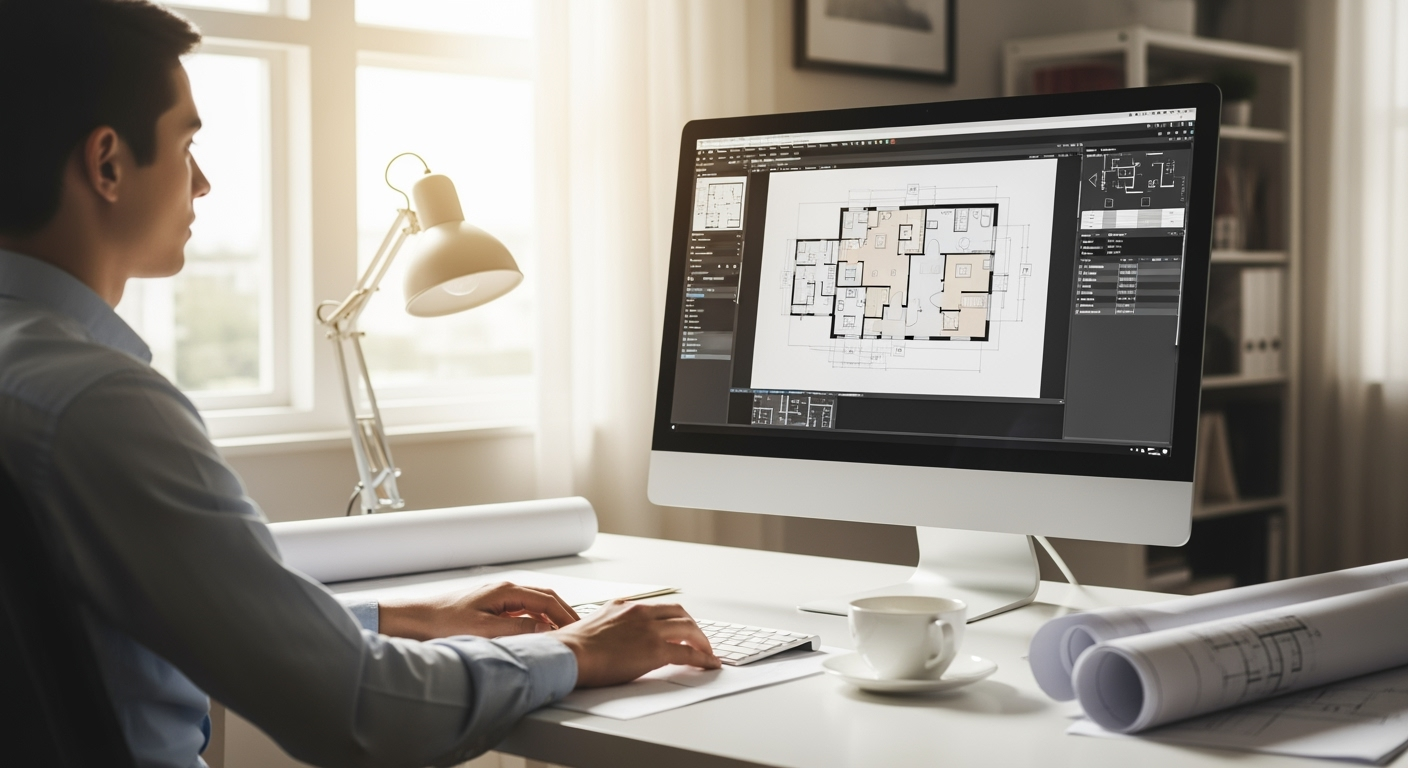 Modern bright computer workspace showing floor plan design software on large monitor screen, architectural blueprints on desk, coffee cup, natural daylight from window, professional home office setup, shot with DSLR camera, shallow depth of field, realistic lighting, high resolution