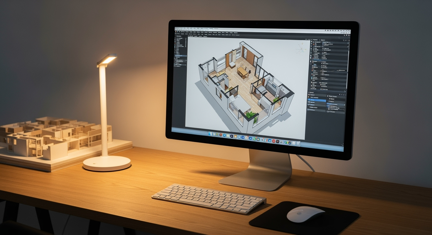 Modern home office setup with computer screen displaying 3D floor plan software, keyboard and mouse on wooden desk, architectural model visible in background, warm LED desk lamp lighting, professional workspace photography, Canon EOS camera, sharp details, realistic colors
