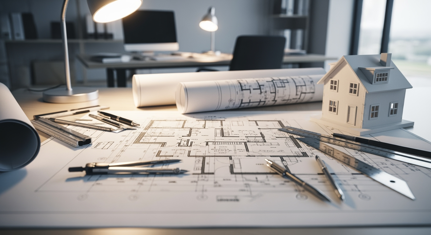 Detailed architectural floor plan drawing on drafting table, professional measuring tools and compass visible, 3D miniature house model beside plans, soft overhead lighting, architectural office setting, shot with professional camera, high detail, realistic textures, clean workspace composition