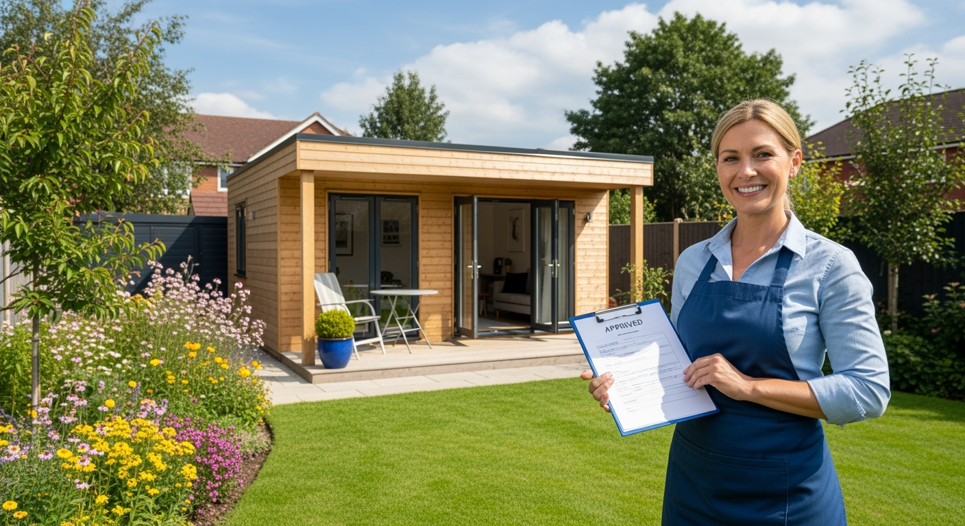 Professional photo showing a completed modern garden house with happy homeowner standing in front, clipboard with approved building permit in hand, well-maintained garden setting, sunny day, shot with DSLR camera, high resolution, realistic style