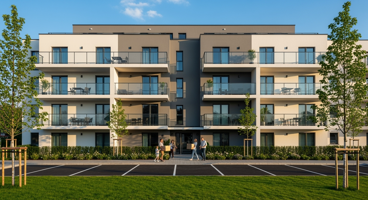 Completed modern multi-family house exterior view, four-story residential building with multiple balconies, well-maintained garden and parking spaces in front, families moving in with boxes, golden hour lighting, professional real estate photography, shot with DSLR camera, high resolution, realistic architectural details