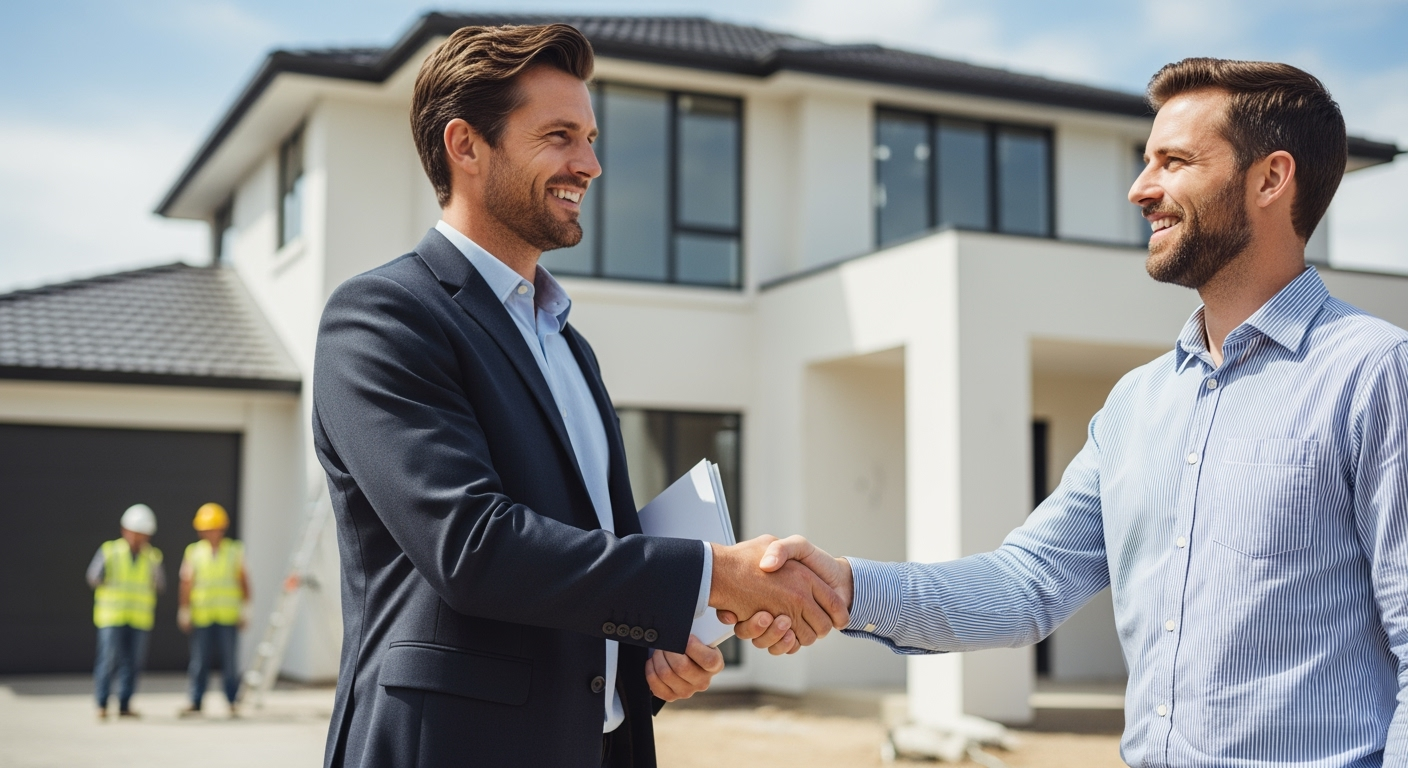 Professional handshake between contractor and homeowner in front of newly completed modern house, construction workers visible in background, sunny day, professional photography, DSLR camera, high resolution, business meeting atmosphere