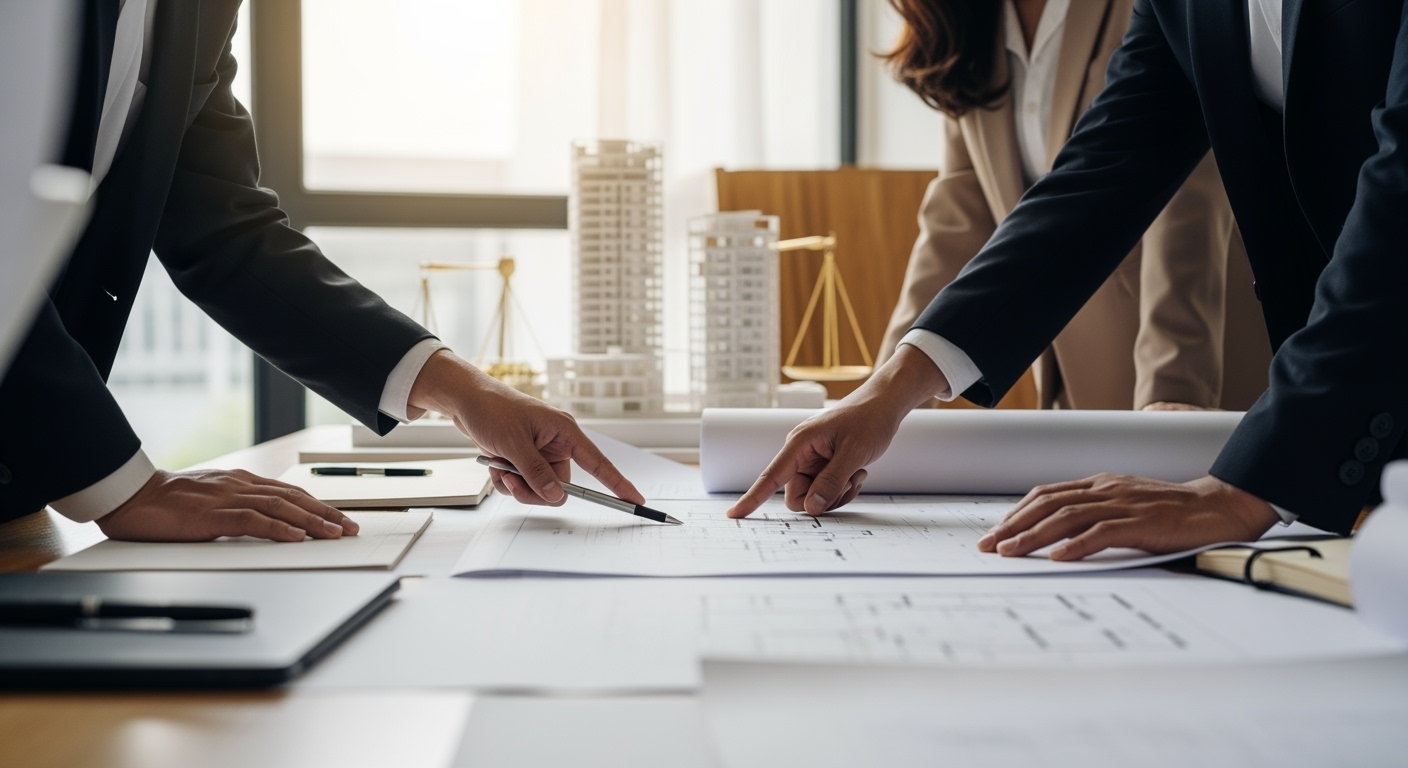 Professional meeting between architect and clients reviewing construction blueprints and building plans on a large desk, modern office setting, architectural models in background, natural window light, business photography style, shot with professional camera, high resolution