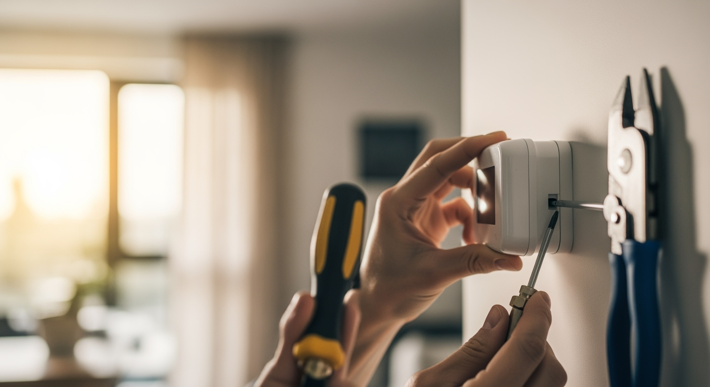 Close-up technical photo of smart home installation, hands mounting smart thermostat on wall, installation tools visible, modern home interior background, soft natural lighting, professional DIY photography style, DSLR camera, shallow depth of field, high resolution